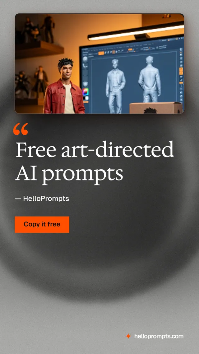 Instagram story for HelloPrompts: "Free art-directed AI prompts". Swiss style, quote layout, dark palette in black, grey, orange.
