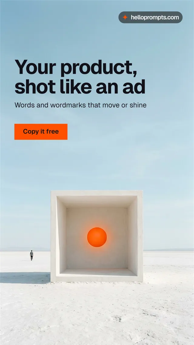 Instagram story for HelloPrompts: "Your product, shot like an ad". Swiss style, bottom layout, light palette in blue, grey, white.