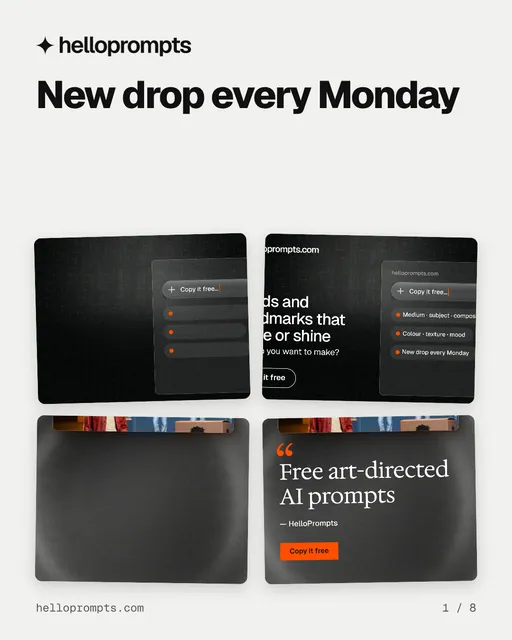 Carousel for HelloPrompts: "New drop every Monday". Collection carousel, 8 slides, light palette.