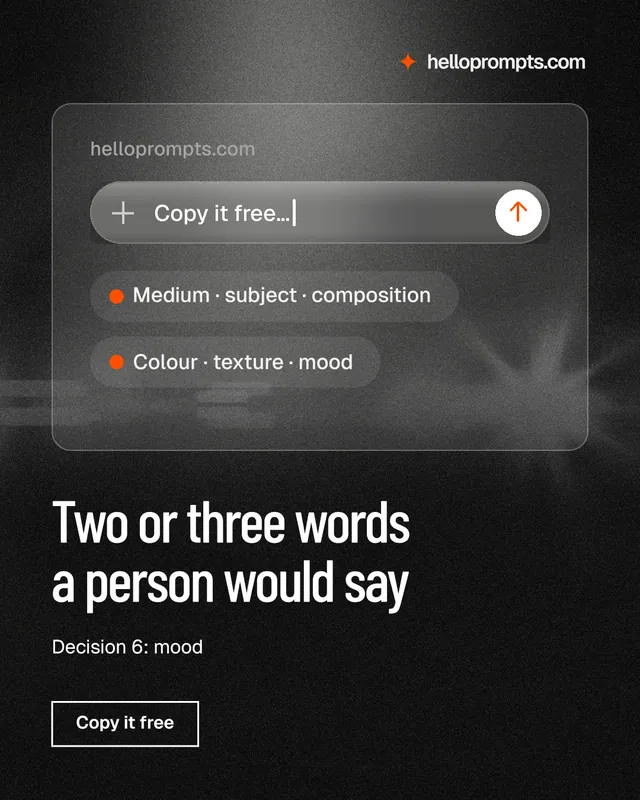 Instagram portrait post for HelloPrompts: "Two or three words a person would say". Dark deco style, bottom layout, dark palette in grey, black.