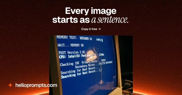 Social ad for HelloPrompts: "Every image starts as a sentence." Swiss style, ogui layout, dark palette in black, blue, red.