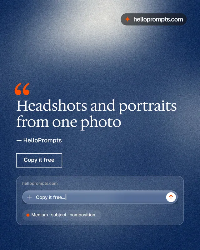 Instagram portrait post for HelloPrompts: "Headshots and portraits from one photo". Cyanotype style, quote layout, dark palette in blue, grey.