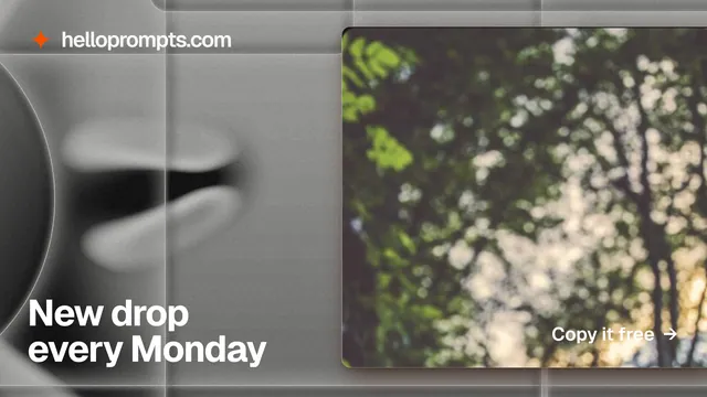 Landscape graphic for HelloPrompts: "New drop every Monday". Swiss style, image led layout, light palette in black, grey.