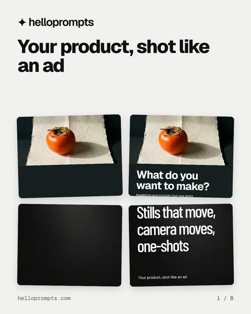 Carousel for HelloPrompts: "Your product, shot like an ad". Collection carousel, 8 slides, light palette.