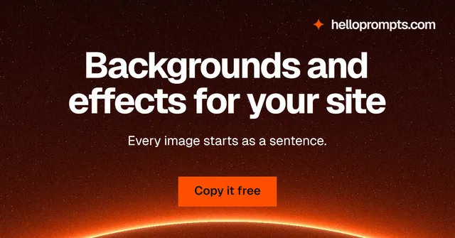 Social ad for HelloPrompts: "Backgrounds and effects for your site". Swiss style, centred layout, dark palette in black, red, orange.