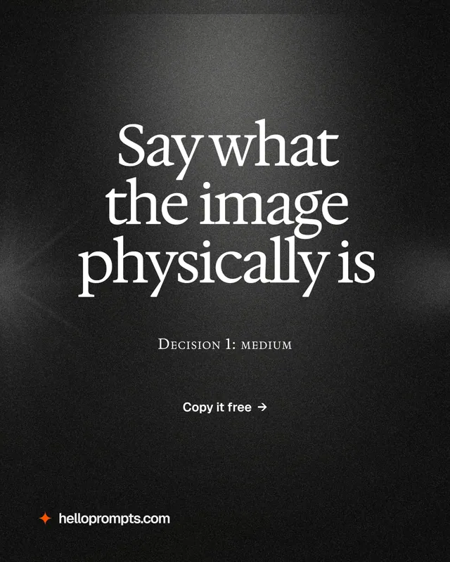 Instagram portrait post for HelloPrompts: "Say what the image physically is". Dark deco style, smallcaps layout, dark palette in black, grey.