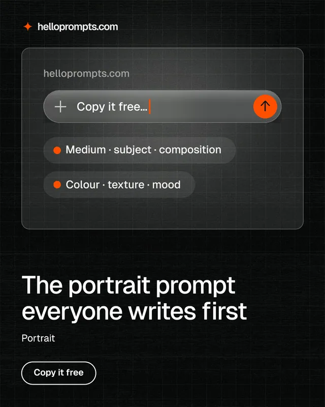 Instagram portrait post for HelloPrompts: "The portrait prompt everyone writes first". Phosphor atlas style, bottom layout, dark palette in black, grey.