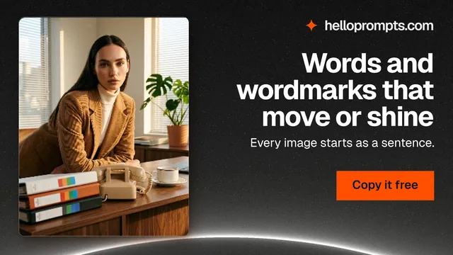 Landscape graphic for HelloPrompts: "Words and wordmarks that move or shine". Swiss style, right layout, dark palette in black, orange, grey.
