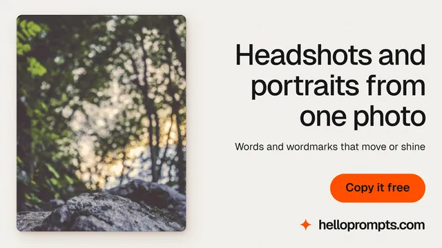 Landscape graphic for HelloPrompts: "Headshots and portraits from one photo". Data card style, right layout, light palette in white, grey, yellow.
