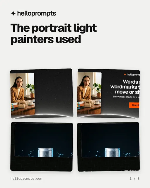 Carousel for HelloPrompts: "The portrait light painters used". Collection carousel, 8 slides, light palette.