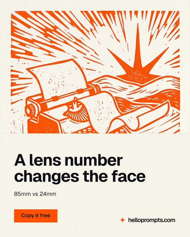 Instagram portrait post for HelloPrompts: "A lens number changes the face". Swiss style, bottom layout, light palette in white, orange.
