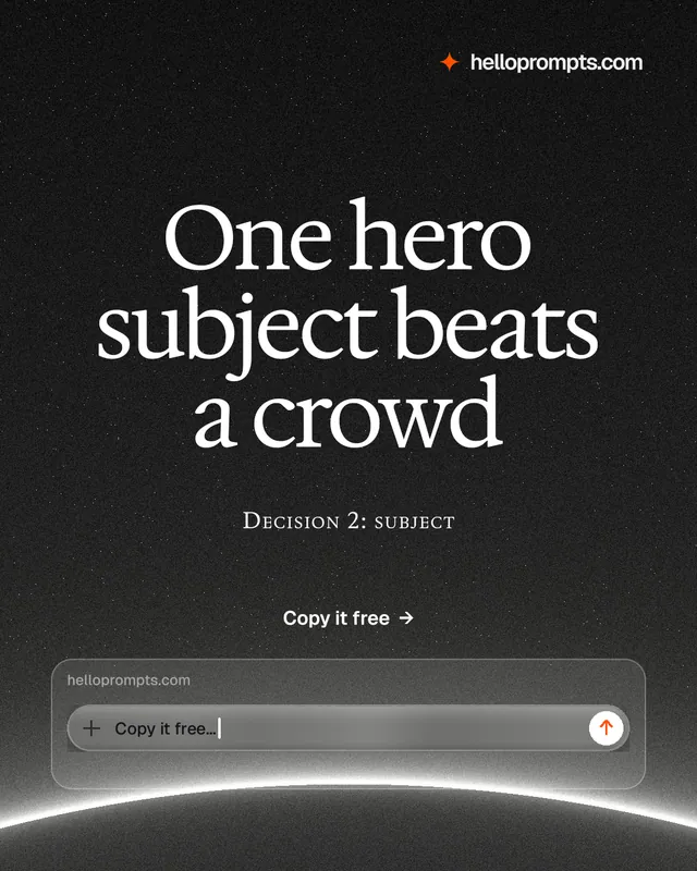 Instagram portrait post for HelloPrompts: "One hero subject beats a crowd". Swiss style, smallcaps layout, dark palette in black, grey.