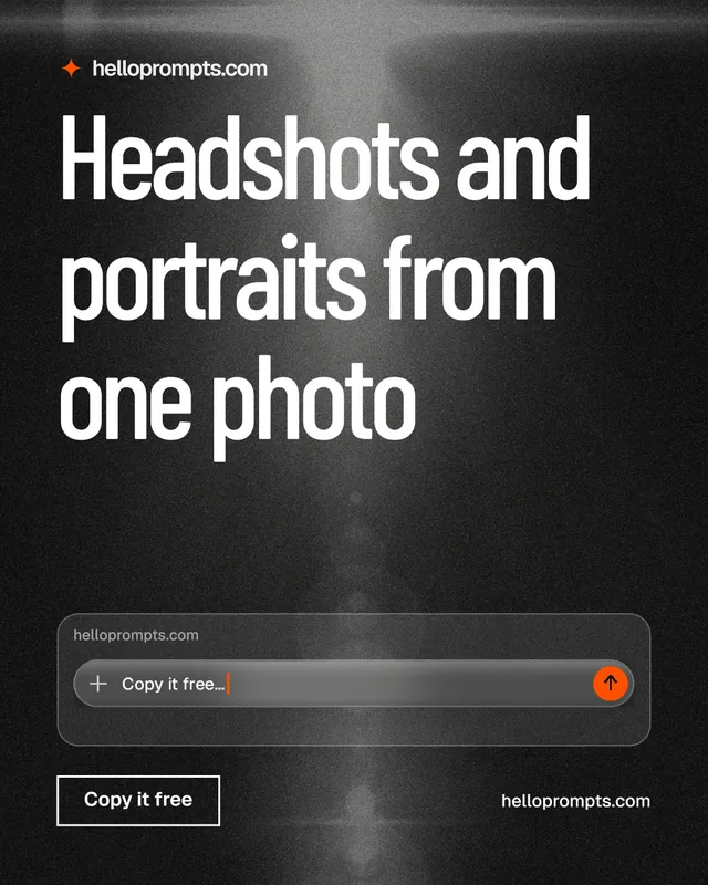 Instagram portrait post for HelloPrompts: "Headshots and portraits from one photo". Dark deco style, poster layout, dark palette in black, grey.