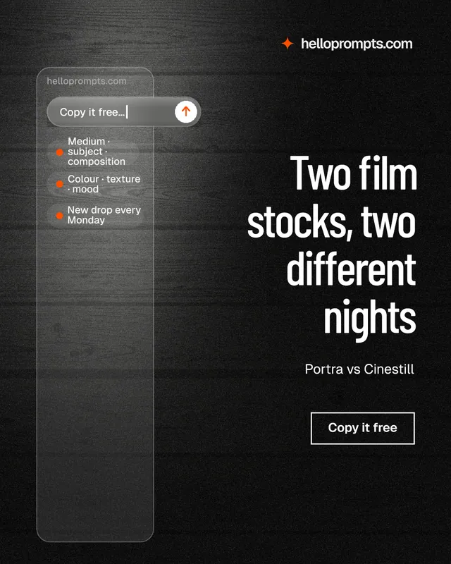 Instagram portrait post for HelloPrompts: "Two film stocks, two different nights". Dark deco style, right layout, dark palette in black, grey.