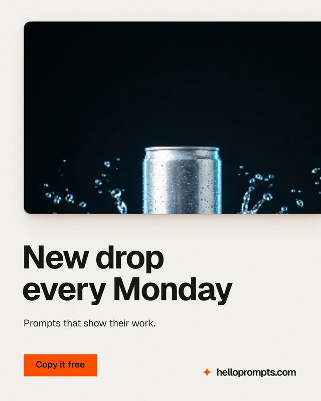 Instagram portrait post for HelloPrompts: "New drop every Monday". Swiss style, bottom layout, light palette in white, black.