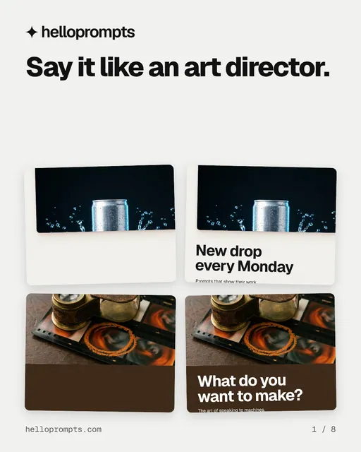 Carousel for HelloPrompts: "Say it like an art director.". Collection carousel, 8 slides, light palette.