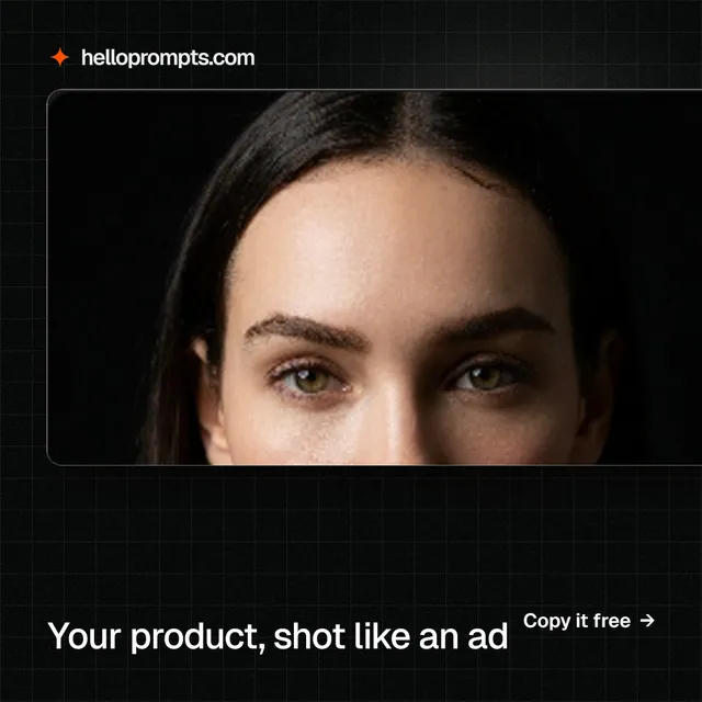 Instagram post for HelloPrompts: "Your product, shot like an ad". Phosphor atlas style, image led layout, dark palette in black, orange.
