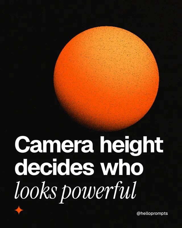Instagram portrait post for HelloPrompts: "Camera height decides who looks powerful". Auto 4x5 style, technique:shader field layout, dark palette in black, orange.
