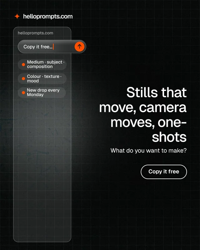 Instagram portrait post for HelloPrompts: "Stills that move, camera moves, one-shots". Phosphor atlas style, right layout, dark palette in black, grey.