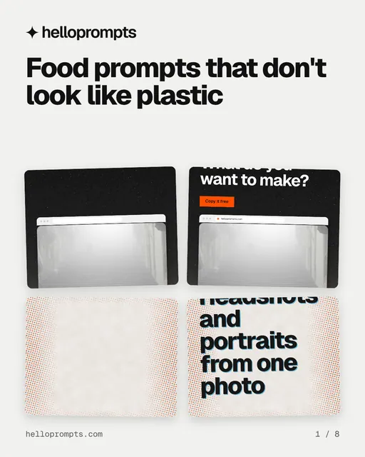 Carousel for HelloPrompts: "Food prompts that don't look like plastic". Collection carousel, 8 slides, light palette.