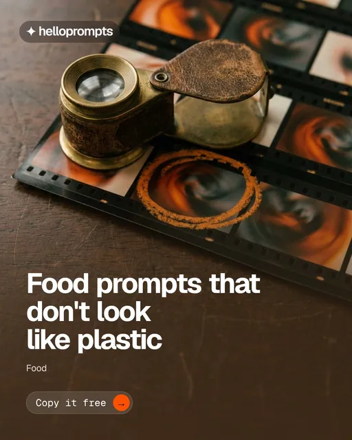 Video for HelloPrompts: "Food prompts that don't look like plastic". Doc motion loop, 8.0 s, dark palette.