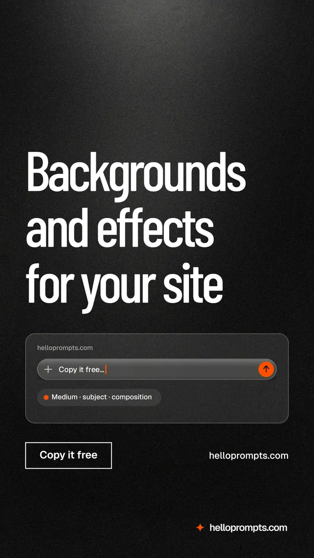 Instagram story for HelloPrompts: "Backgrounds and effects for your site". Dark deco style, poster layout, dark palette in black, grey.