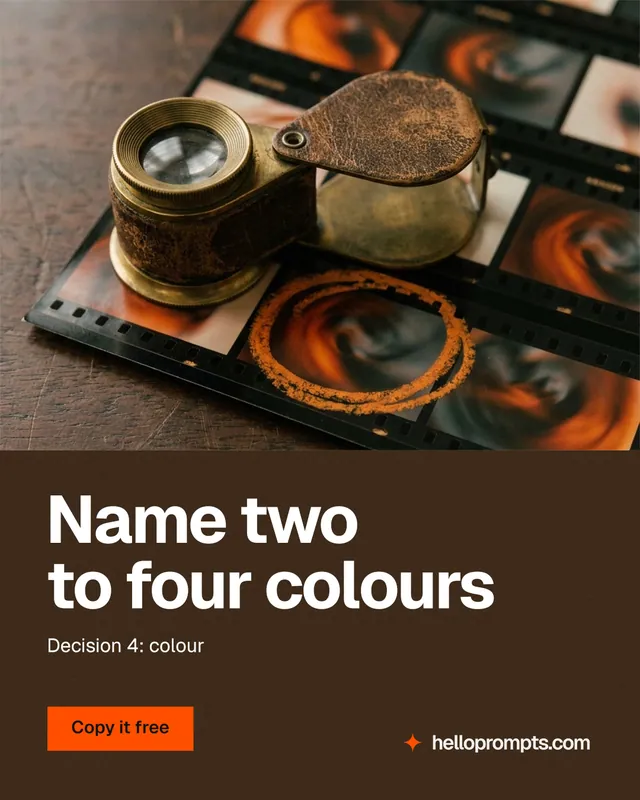 Instagram portrait post for HelloPrompts: "Name two to four colours". Swiss style, bottom layout, dark palette in orange, black, grey.