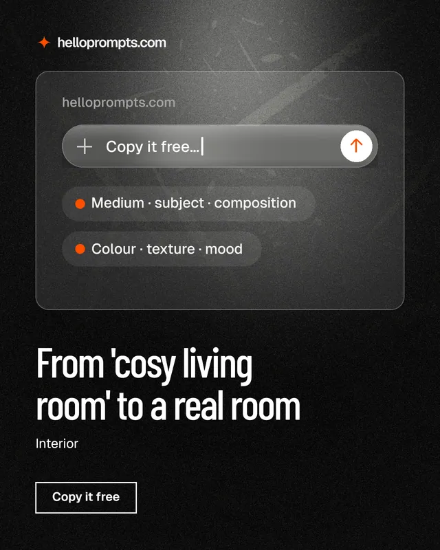 Instagram portrait post for HelloPrompts: "From 'cosy living room' to a real room". Dark deco style, bottom layout, dark palette in black, grey.