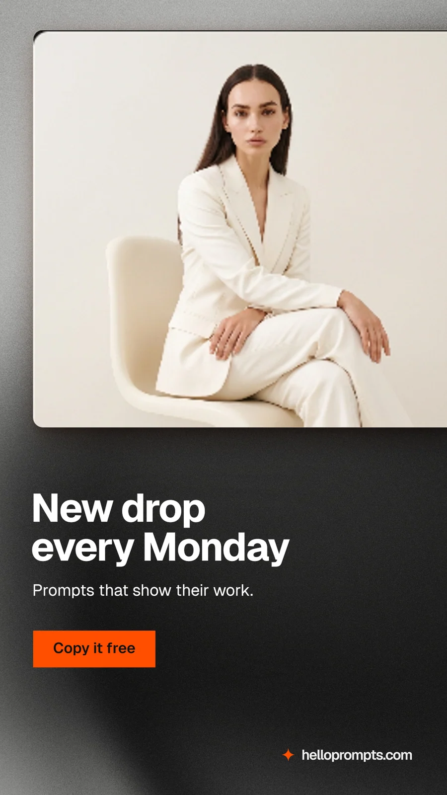 Instagram story for HelloPrompts: "New drop every Monday". Swiss style, bottom layout, light palette in orange, black, grey.