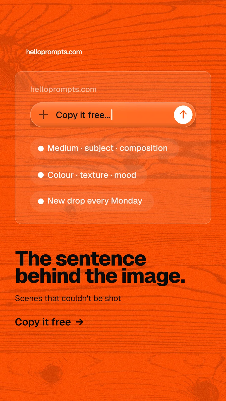 Instagram story for HelloPrompts: "The sentence behind the image." Turn card style, bottom layout, light palette in orange.