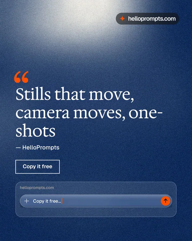 Instagram portrait post for HelloPrompts: "Stills that move, camera moves, one-shots". Cyanotype style, quote layout, dark palette in blue, grey.