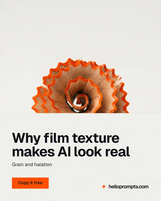 Instagram portrait post for HelloPrompts: "Why film texture makes AI look real". Swiss style, bottom layout, light palette in white, brown.