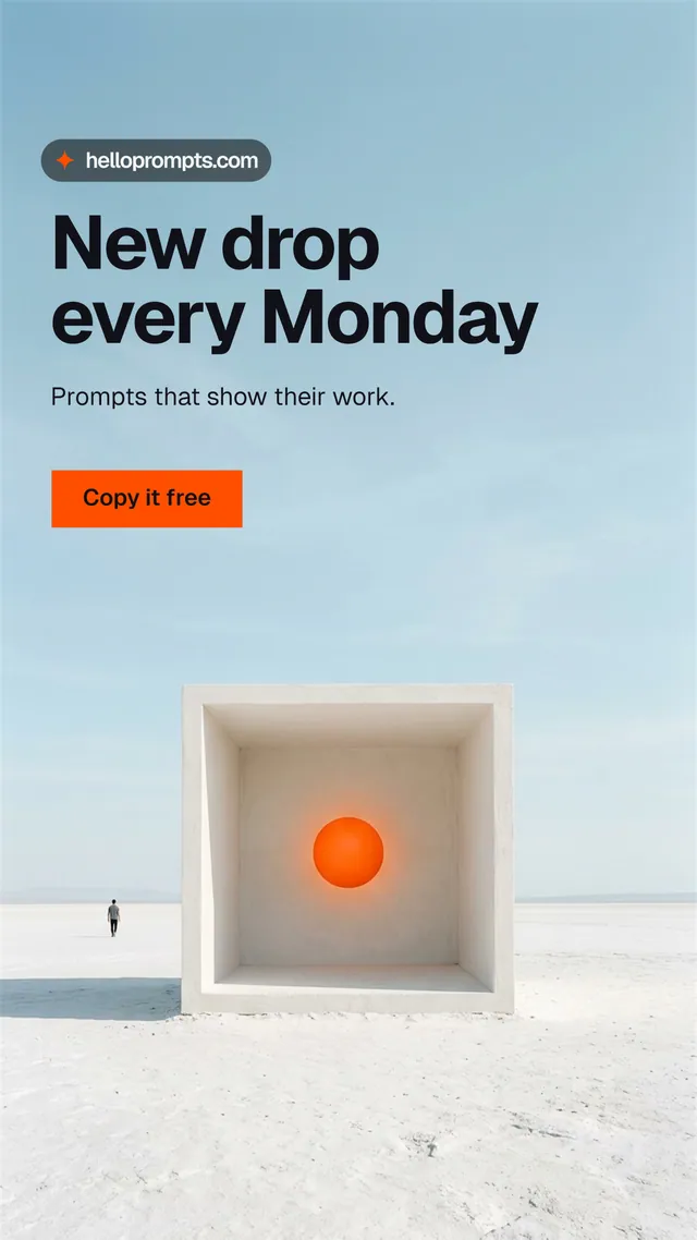 Instagram story for HelloPrompts: "New drop every Monday". Swiss style, bottom layout, light palette in white, blue, grey.