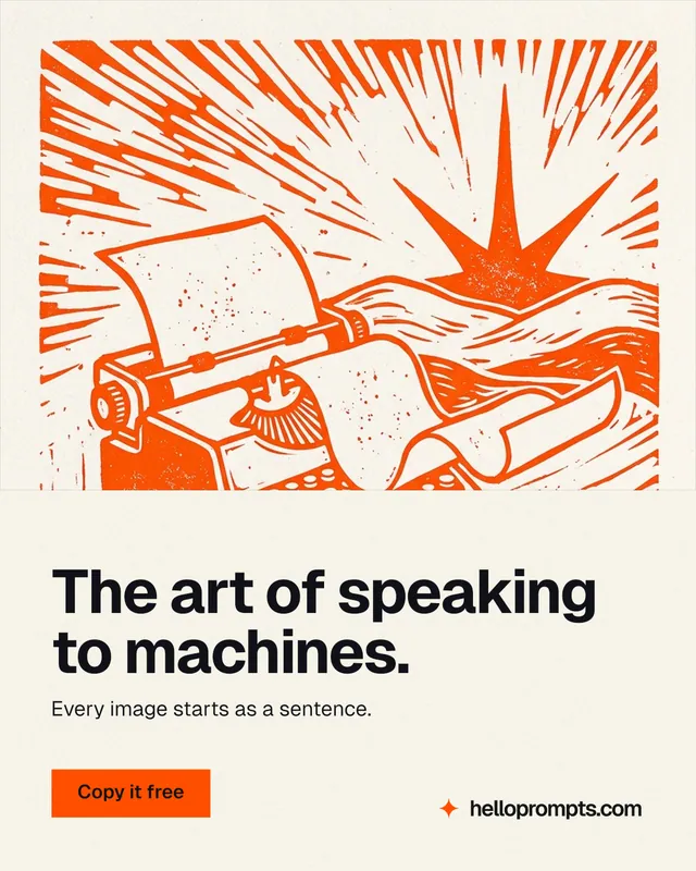 Instagram portrait post for HelloPrompts: "The art of speaking to machines." Swiss style, bottom layout, light palette in white, orange.