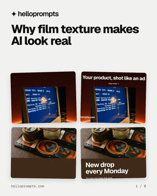 Carousel for HelloPrompts: "Why film texture makes AI look real". Collection carousel, 8 slides, light palette.