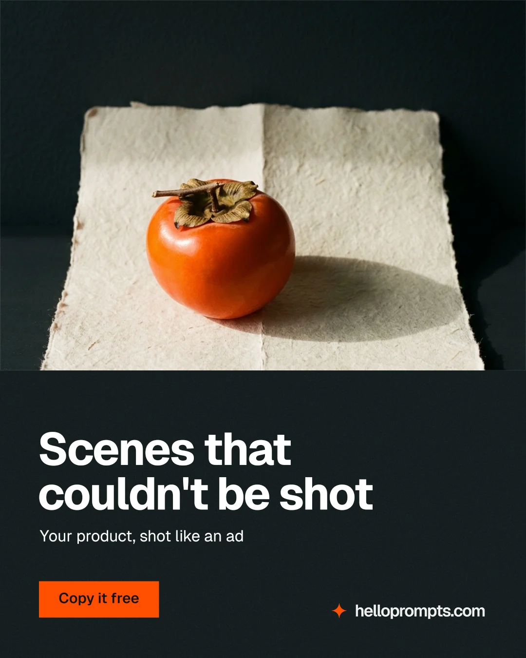 Instagram portrait post for HelloPrompts: "Scenes that couldn't be shot". Swiss style, bottom layout, dark palette in black, yellow, orange.