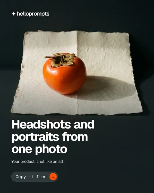 Video for HelloPrompts: "Headshots and portraits from one photo". Doc motion loop, 6.0 s, dark palette.