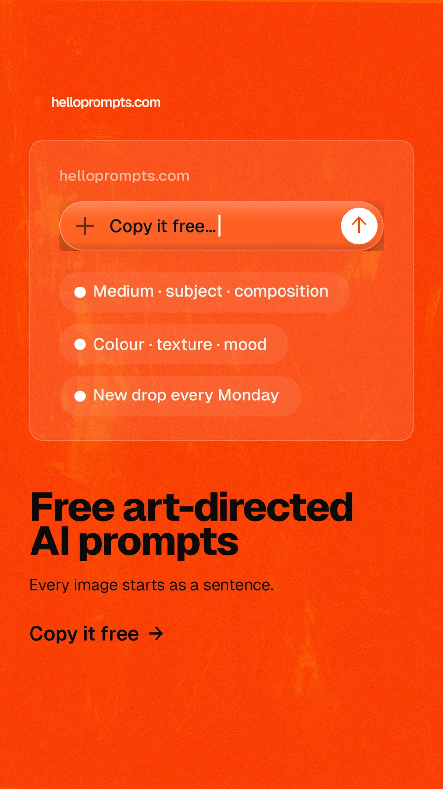 Instagram story for HelloPrompts: "Free art-directed AI prompts". Turn card style, bottom layout, dark palette in red, orange.