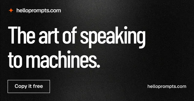 Social ad for HelloPrompts: "The art of speaking to machines." Dark deco style, poster layout, dark palette in black, grey.