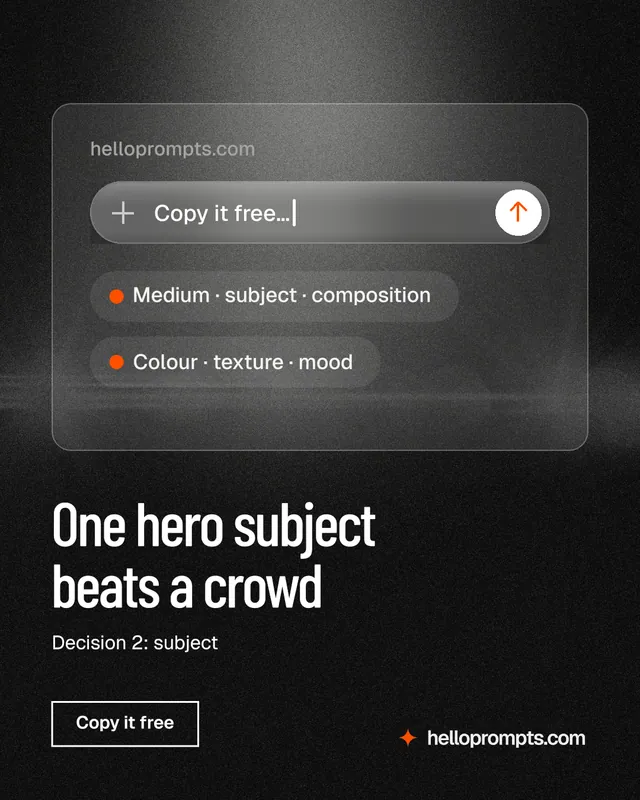 Instagram portrait post for HelloPrompts: "One hero subject beats a crowd". Dark deco style, bottom layout, dark palette in black, grey.
