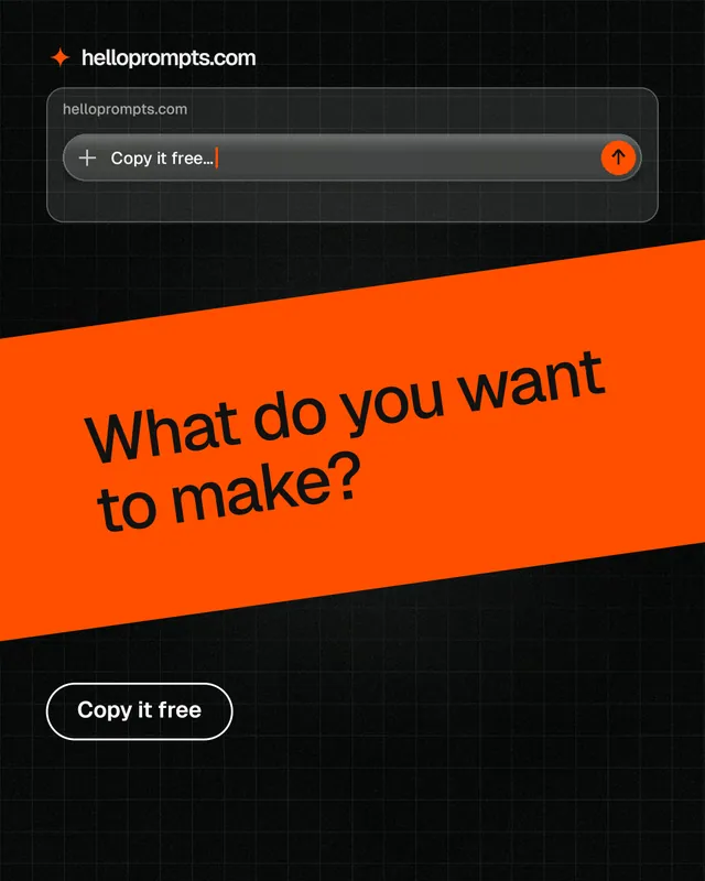 Instagram portrait post for HelloPrompts: "What do you want to make?" Phosphor atlas style, diagonal layout, dark palette in orange, black.