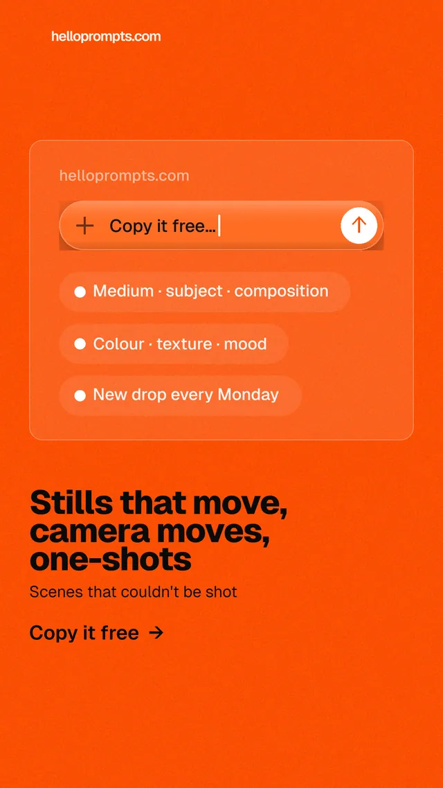 Instagram story for HelloPrompts: "Stills that move, camera moves, one-shots". Turn card style, bottom layout, light palette in orange.