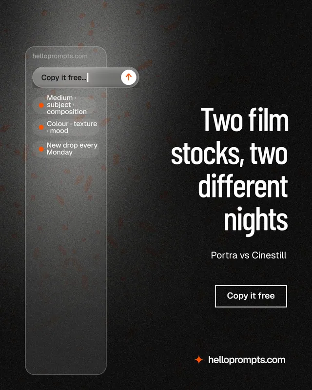 Instagram portrait post for HelloPrompts: "Two film stocks, two different nights". Dark deco style, right layout, dark palette in black, grey.