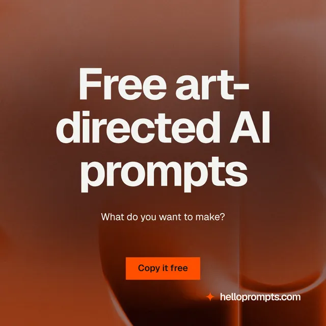Instagram post for HelloPrompts: "Free art-directed AI prompts". Swiss style, centred layout, dark palette in orange, red, grey.
