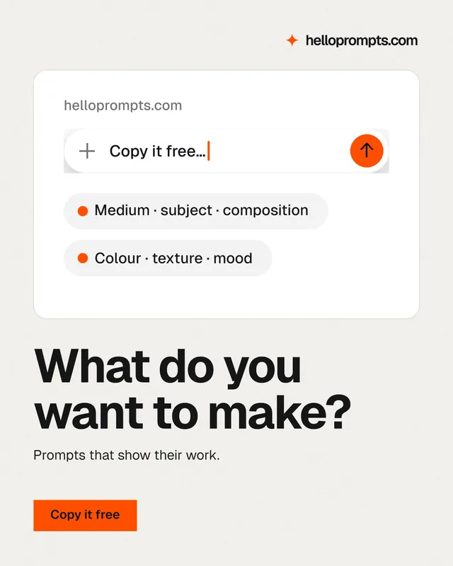 Instagram portrait post for HelloPrompts: "What do you want to make?" Swiss style, bottom layout, light palette in white, grey.