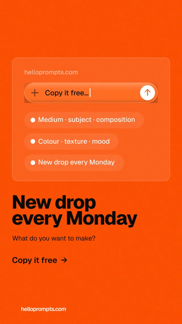 Instagram story for HelloPrompts: "New drop every Monday". Turn card style, bottom layout, light palette in orange.