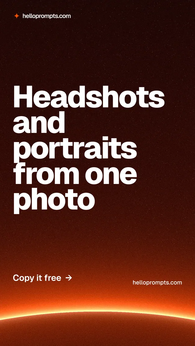 Instagram story for HelloPrompts: "Headshots and portraits from one photo". Turn card style, poster layout, dark palette in red, black, orange.