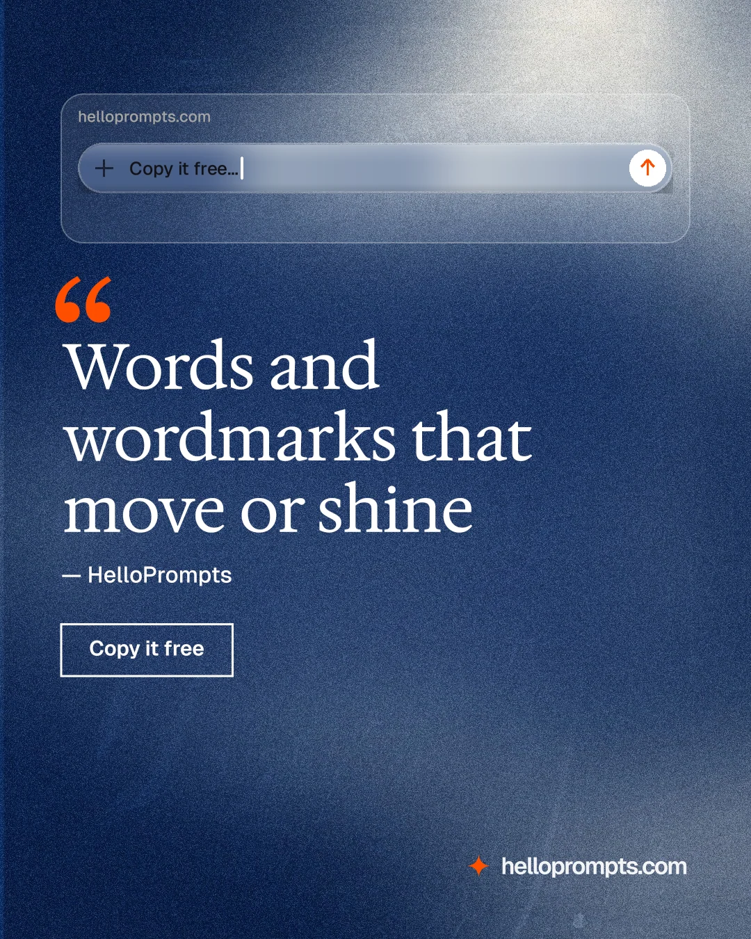 Instagram portrait post for HelloPrompts: "Words and wordmarks that move or shine". Cyanotype style, quote layout, dark palette in blue, grey.