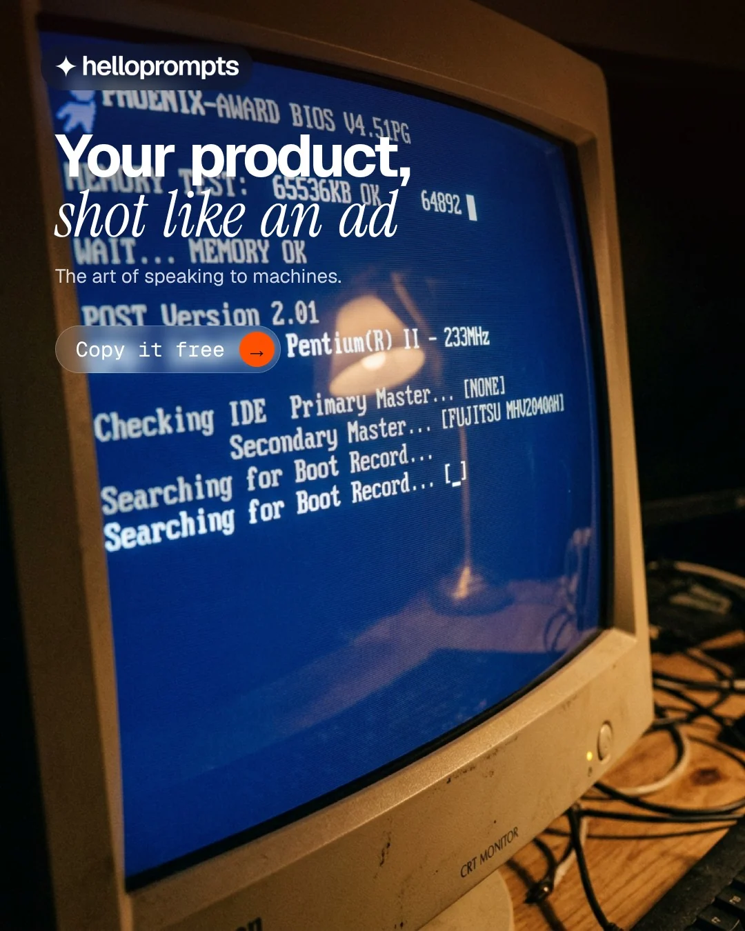 Video for HelloPrompts: "Your product, shot like an ad". Doc motion loop, 6.0 s, dark palette.