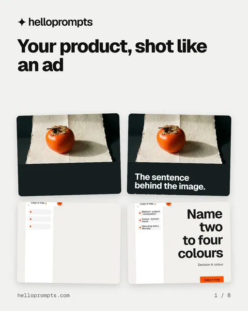 Carousel for HelloPrompts: "Your product, shot like an ad". Collection carousel, 8 slides, light palette.